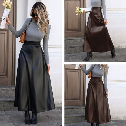 Women's Faux Leather A-Line Flared Midi Skirt
