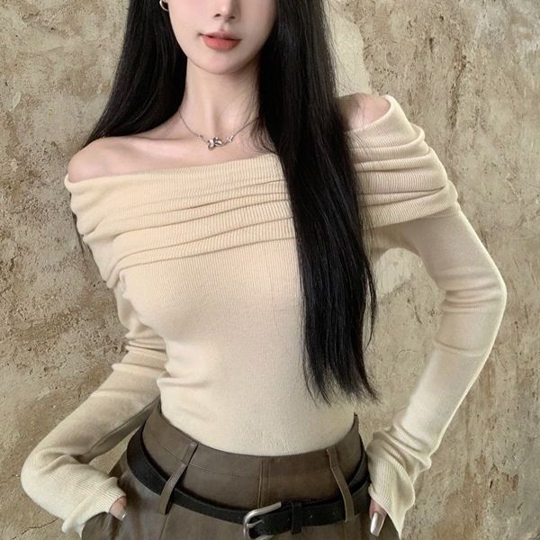 Women's Off-Shoulder Ribbed Knit Sweater Top | High-Elastic Clavicle Knitwear