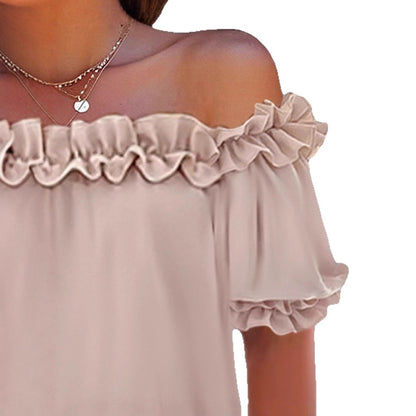 Women's Ruffled Off-Shoulder Short-Sleeve Top | Casual Ruffle Trim Polyester Blouse