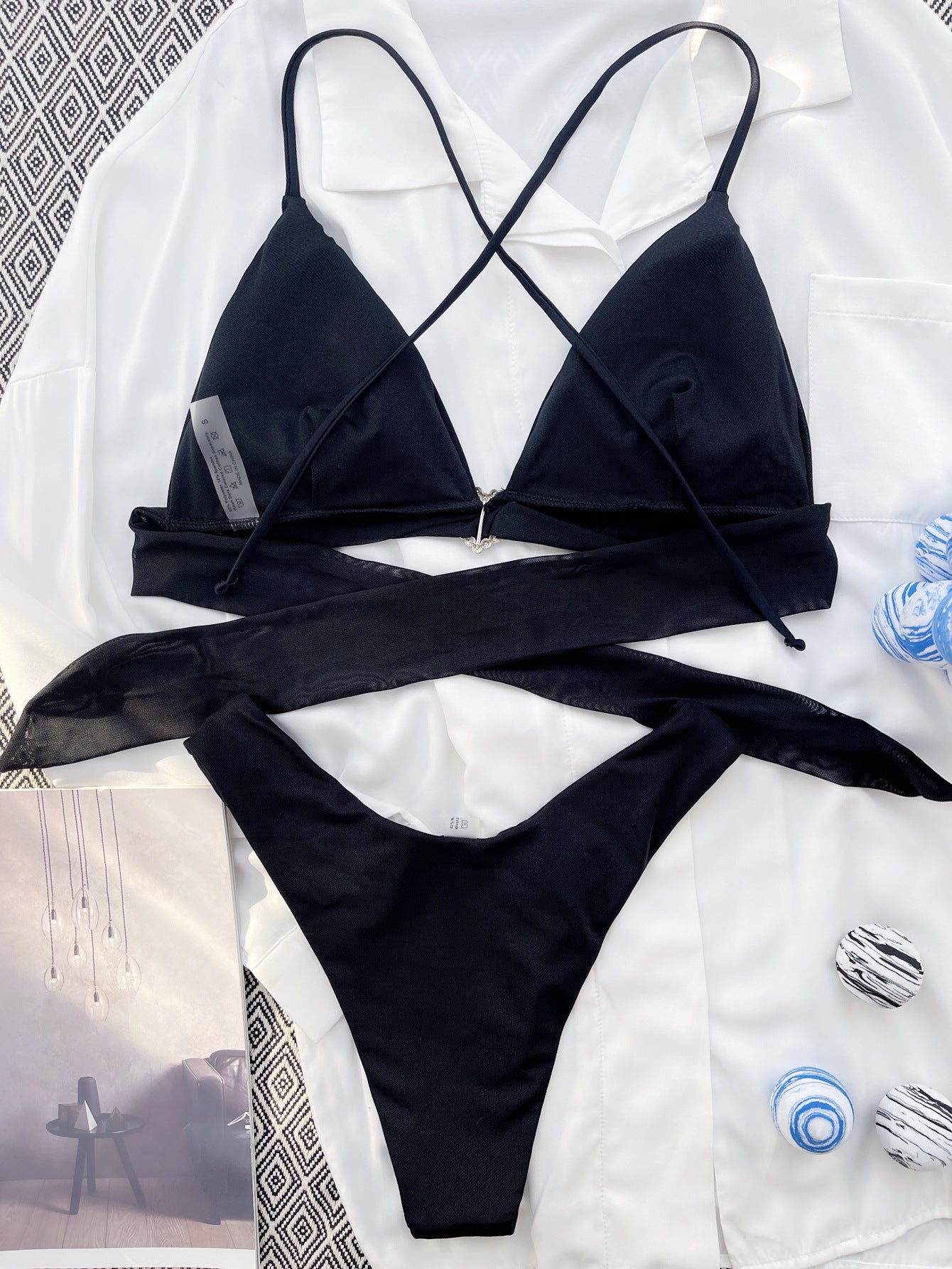 Women's Diamond Detail Bikini Set – Sexy Black Two-Piece Swimwear