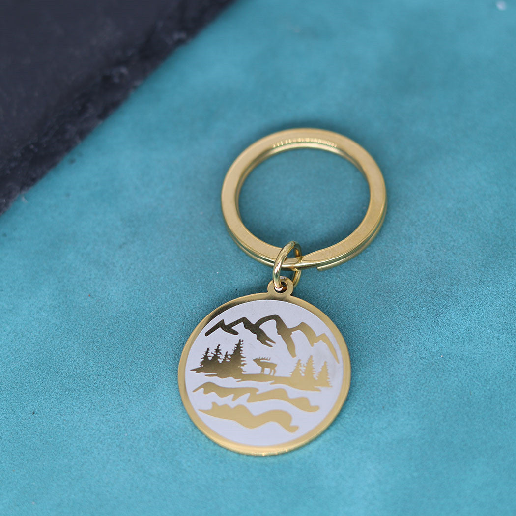 Mountain Carved Stainless Steel Keyring | Gold & Black