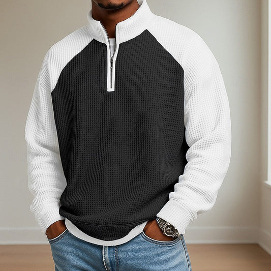 Men's Waffle Knit Long Sleeve Polo Shirt – Colour Block | 6 Colours | Sizes S–5XL