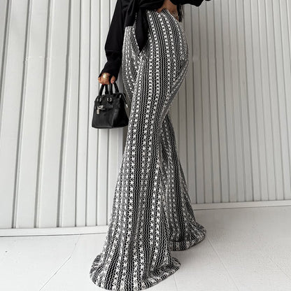 Women's Striped Flare Trousers - Mid-Rise Stretch