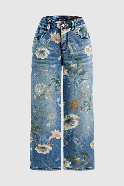 Women's High-Waist Straight-Leg Floral Print Jeans - Light & Dark Blue