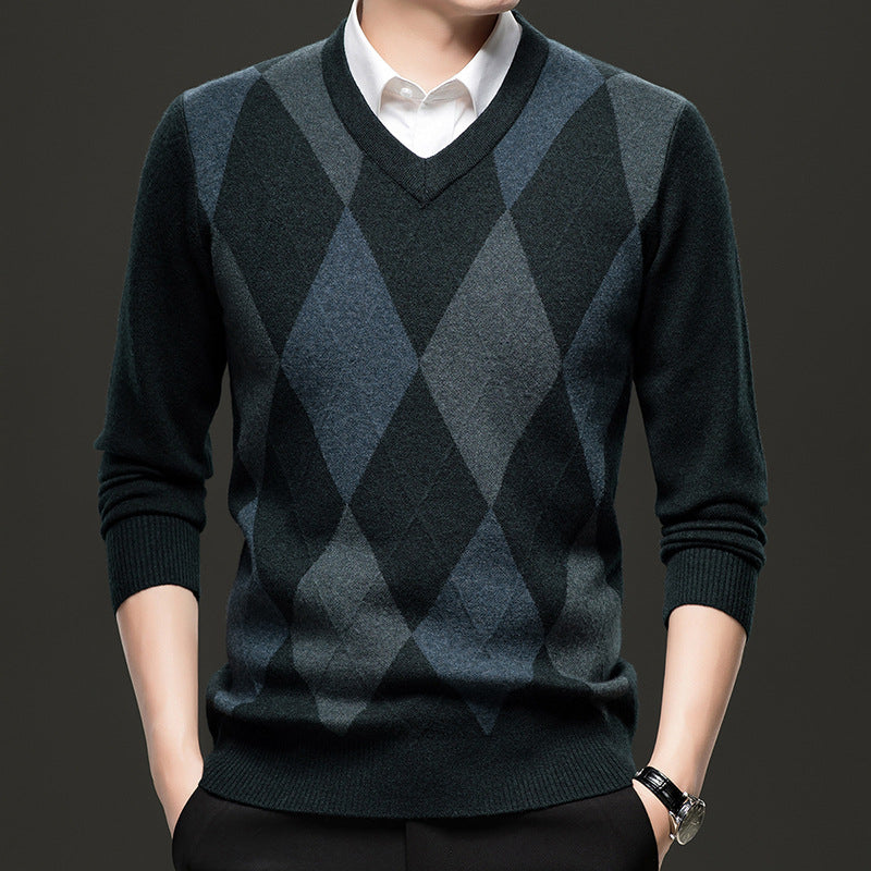 Men's Jacquard Knit V-Neck Sweater – Slim Fit Wool Pullover | 3 Colours | Sizes M–4XL