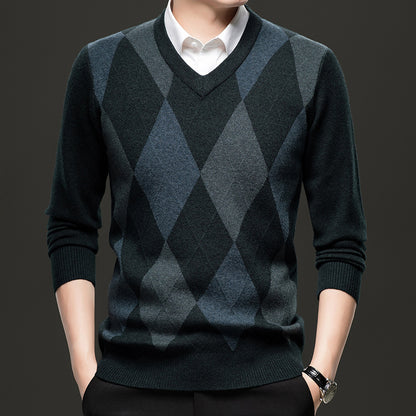 Men's Jacquard Knit V-Neck Sweater – Slim Fit Wool Pullover | 3 Colours | Sizes M–4XL