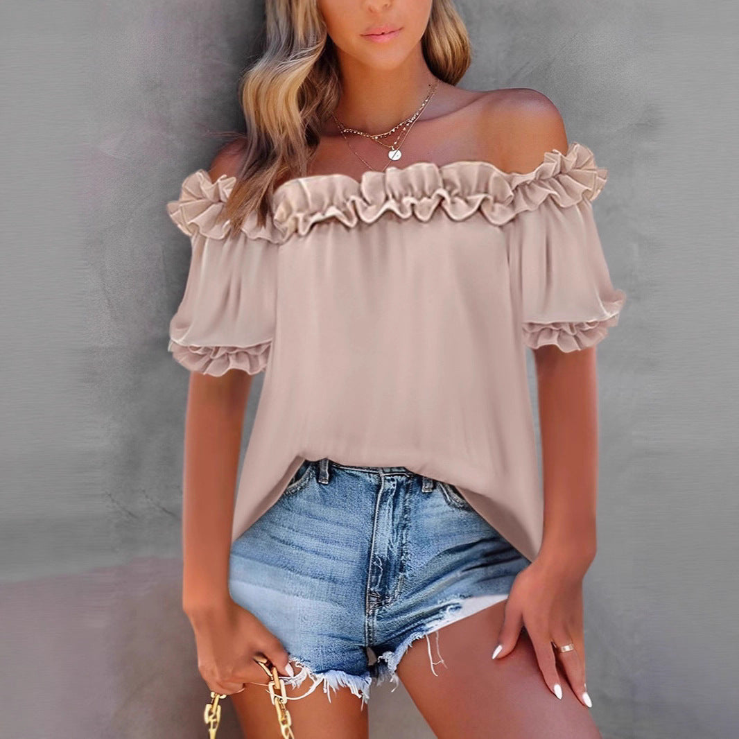 Women's Ruffled Off-Shoulder Short-Sleeve Top | Casual Ruffle Trim Polyester Blouse