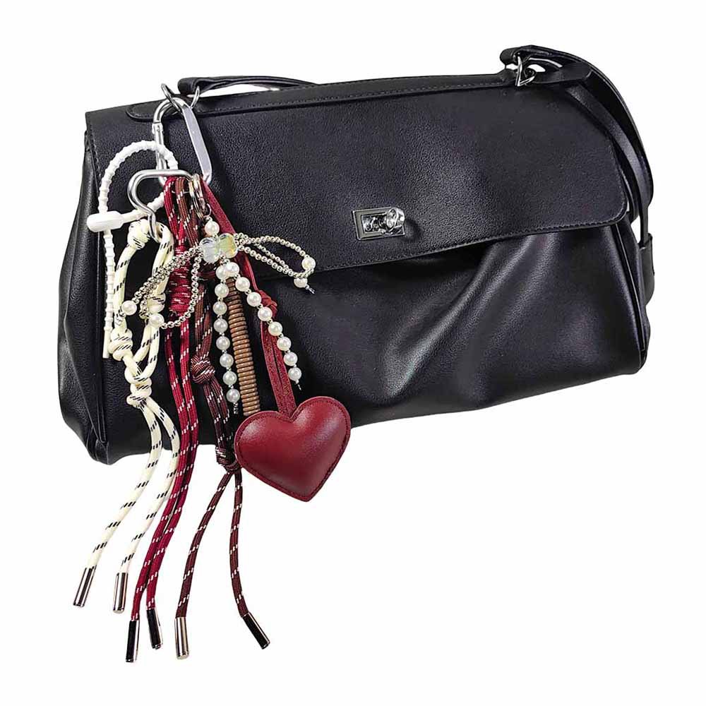 Leather Heart & Pearl Bow Keychain | Wine Red