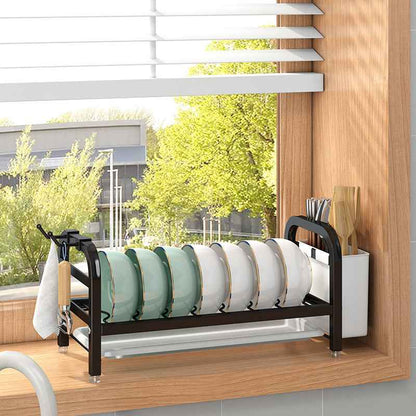 Double-Layer Carbon Steel Dish Rack & Kitchen Storage Rack with Chopstick Canister