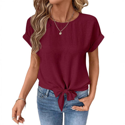 Women's Bow-Tied Hem Short-Sleeve Top | Round-Neck Pullover Shirt