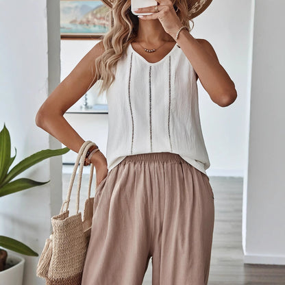 Women's Lace-Trim Hollow-Out Sleeveless Tank Top | Elegant Pullover Vest