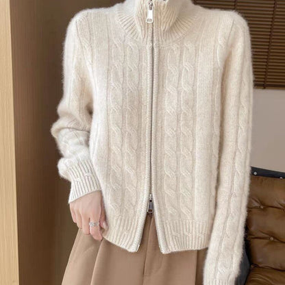 Women's Twist-Open Cardigan with Double Zip and Lapel Collar