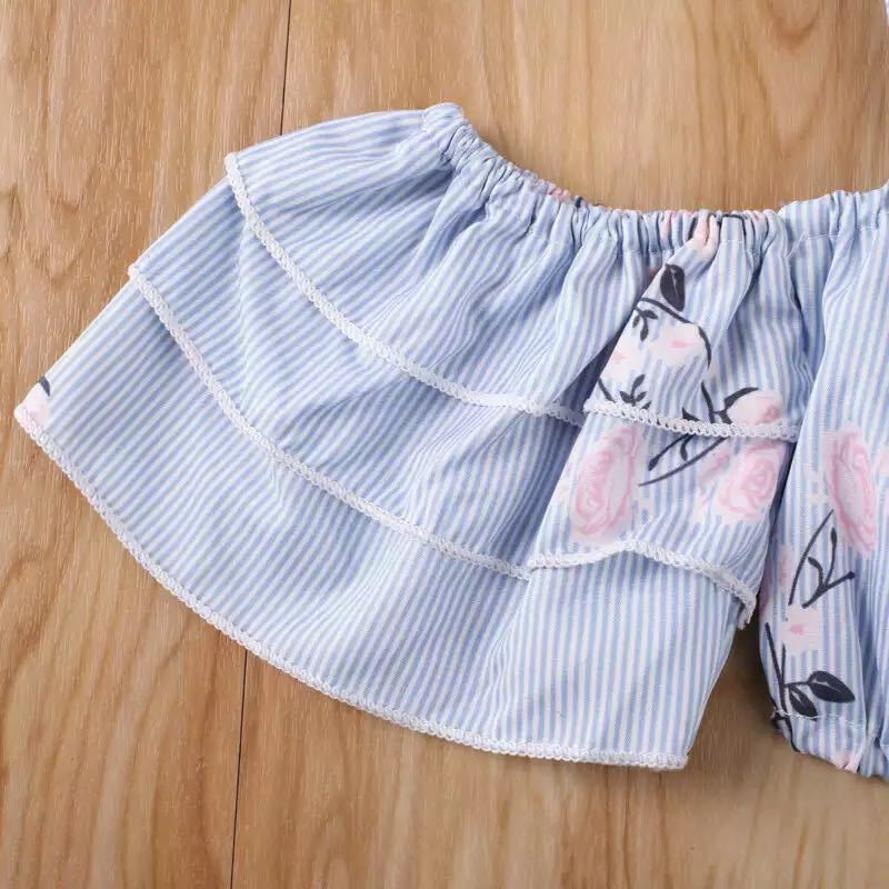 Girls' Floral Print Top & Suspender Denim Shorts Set