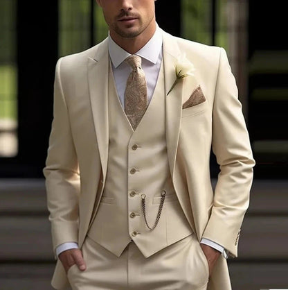 Men's Slim-Fit Luxury Three-Piece Suit | Beige & Grey