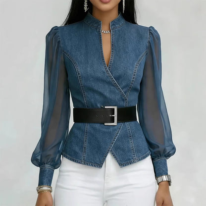 Women's Denim-Print Knitted Long-Sleeve Pullover Top