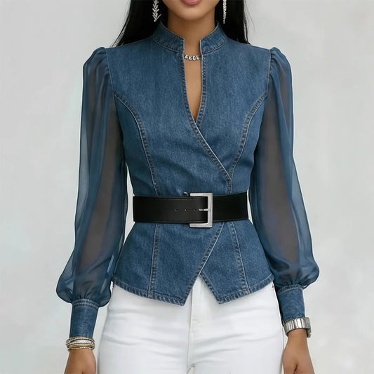 Women's Denim-Print Knitted Long-Sleeve Pullover Top