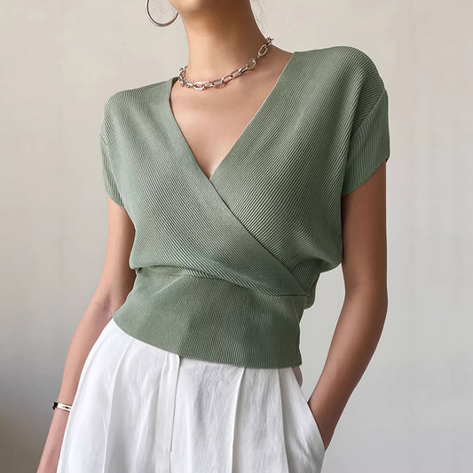 Women's V-Neck Knitted Top | Short-Sleeve High-Waisted Loose Fit Viscose Tee