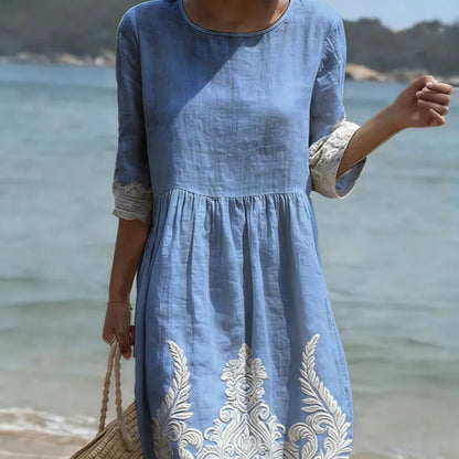 Women's Floral Linen Blend Midi Dress | Round Neck | Botanical Print