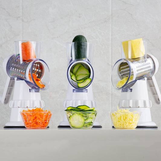 3-in-1 Drum Vegetable Slicer — Manual Spiralizer, Grater & Shredder with Suction Base
