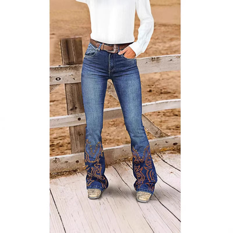 Women's Flared Denim Jeans | Embroidered Beaded Detail | XS–XL