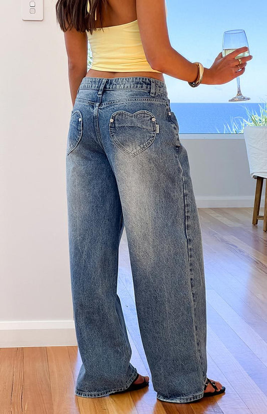 Women's High-Waist Straight-Leg Washed Vintage Jeans - Blue, S-2XL