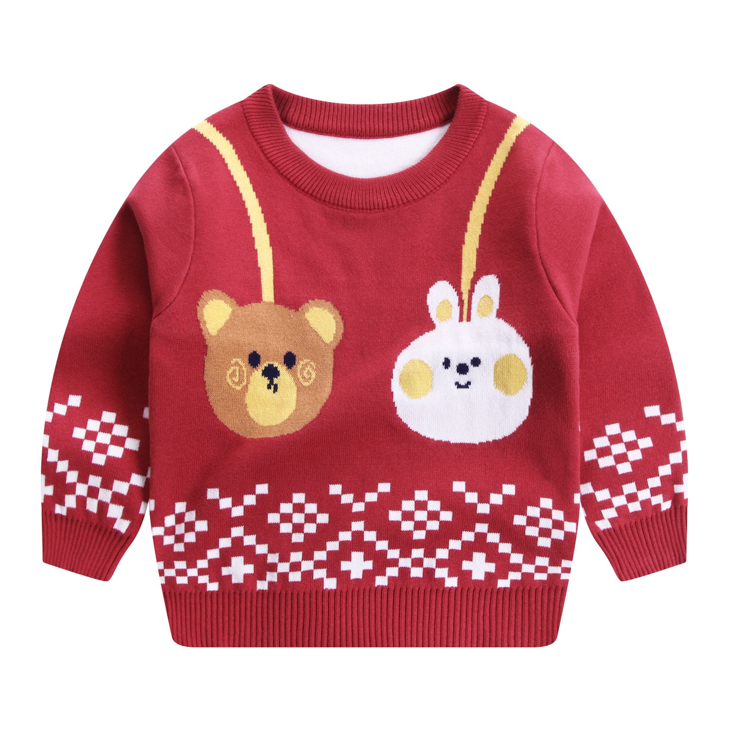 Kids Double-Layer Cotton Cartoon Print Sweater | Navy & Wine Red
