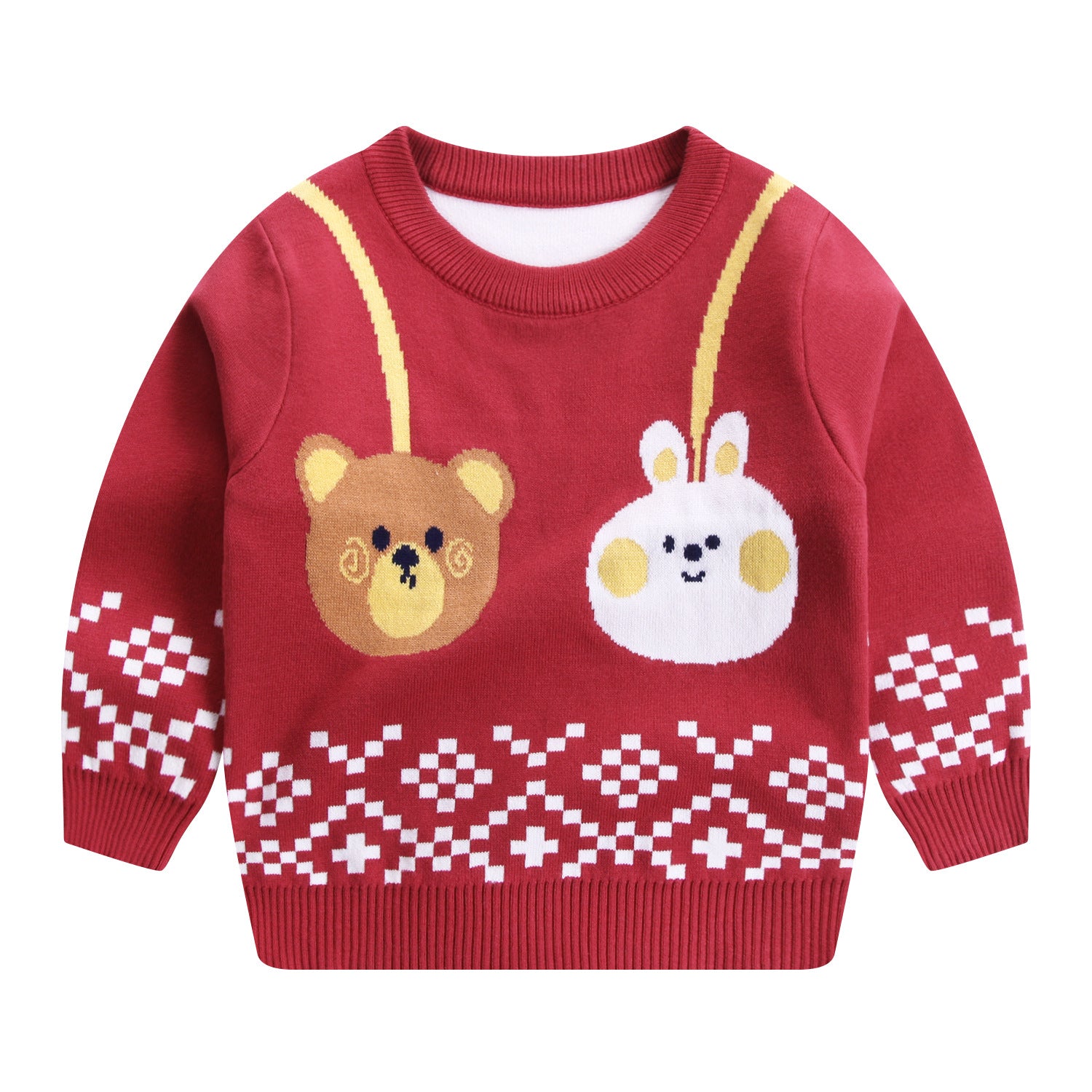 Kids Double-Layer Cotton Cartoon Print Sweater | Navy & Wine Red