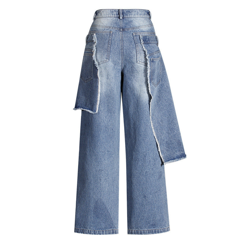 Women's Faux Two-Piece Patchwork Ripped Jeans - Blue, S-L