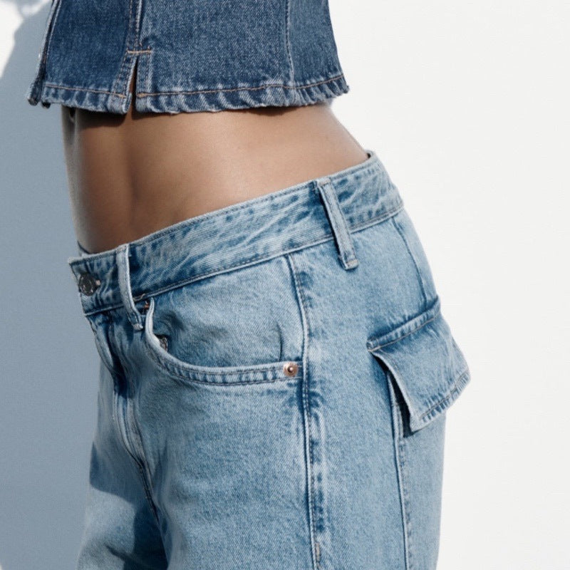 Women's Loose Strap Cargo Jeans – Mid Waist Denim in Light & Dark Blue