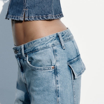 Women's Loose Strap Cargo Jeans – Mid Waist Denim in Light & Dark Blue