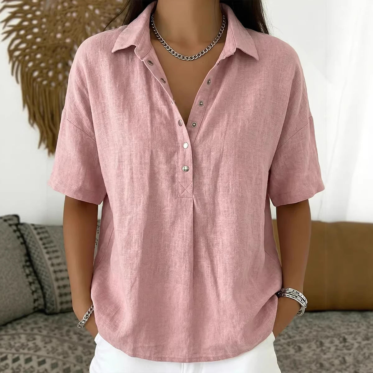 Women's Single-Breasted Lapel Short-Sleeve Shirt