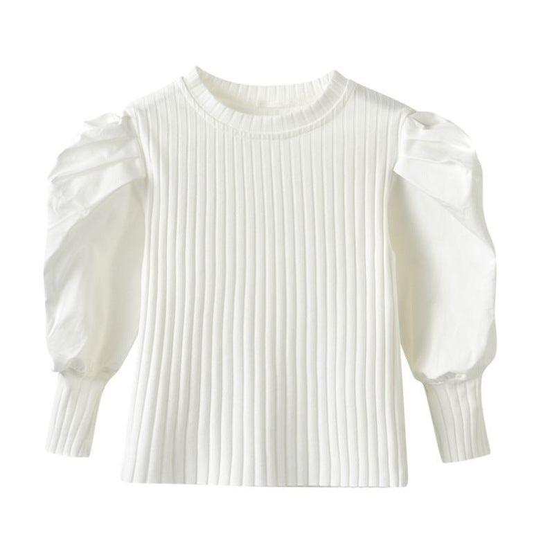 Girls Cotton Puff Sleeve Long Sleeve Top | White & Black, 90–140cm