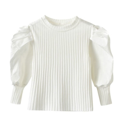 Girls Cotton Puff Sleeve Long Sleeve Top | White & Black, 90–140cm