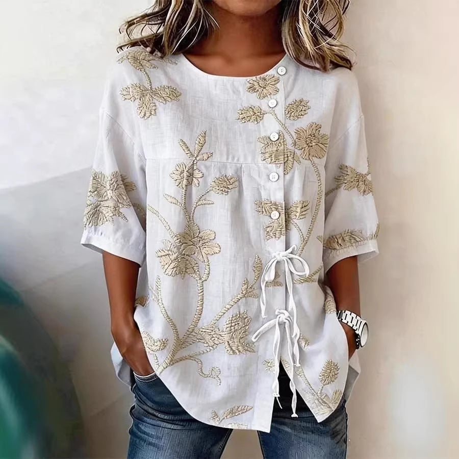 Women's Floral 3D Print Loose Pullover Top | Casual Commuter Cotton-Blend Shirt