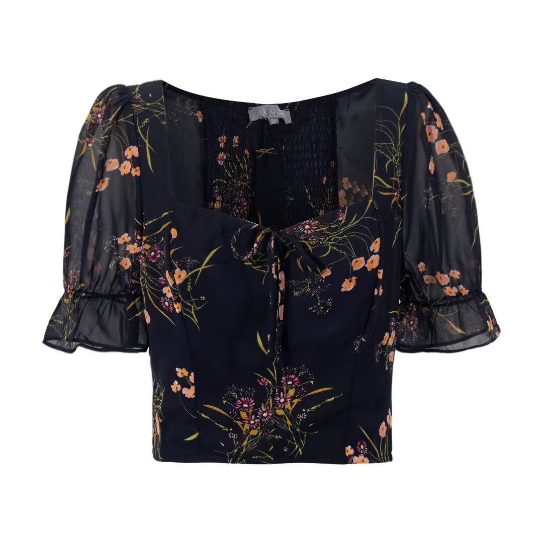Women's Floral Puff-Sleeve Cropped Top | Slim-Fit 3D Print Streetwear Blouse