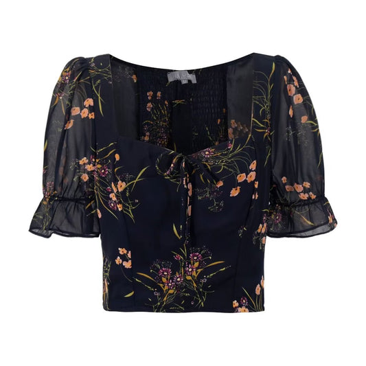 Women's Floral Puff-Sleeve Cropped Top | Slim-Fit 3D Print Streetwear Blouse
