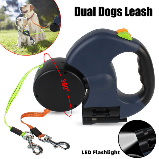 Dual Retractable Dog Lead | 3m Two-Dog Leash with Torch & Poop Bag Holder