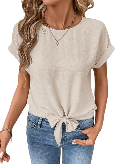 Women's Bow-Tied Hem Short-Sleeve Top | Round-Neck Pullover Shirt