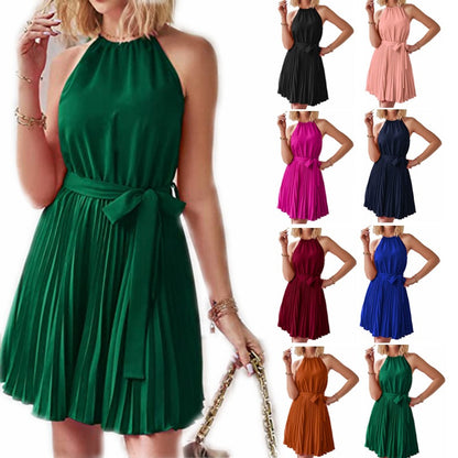 Women's Halter Neck Pleated Chiffon Midi Dress – 8 Colours | S–2XL
