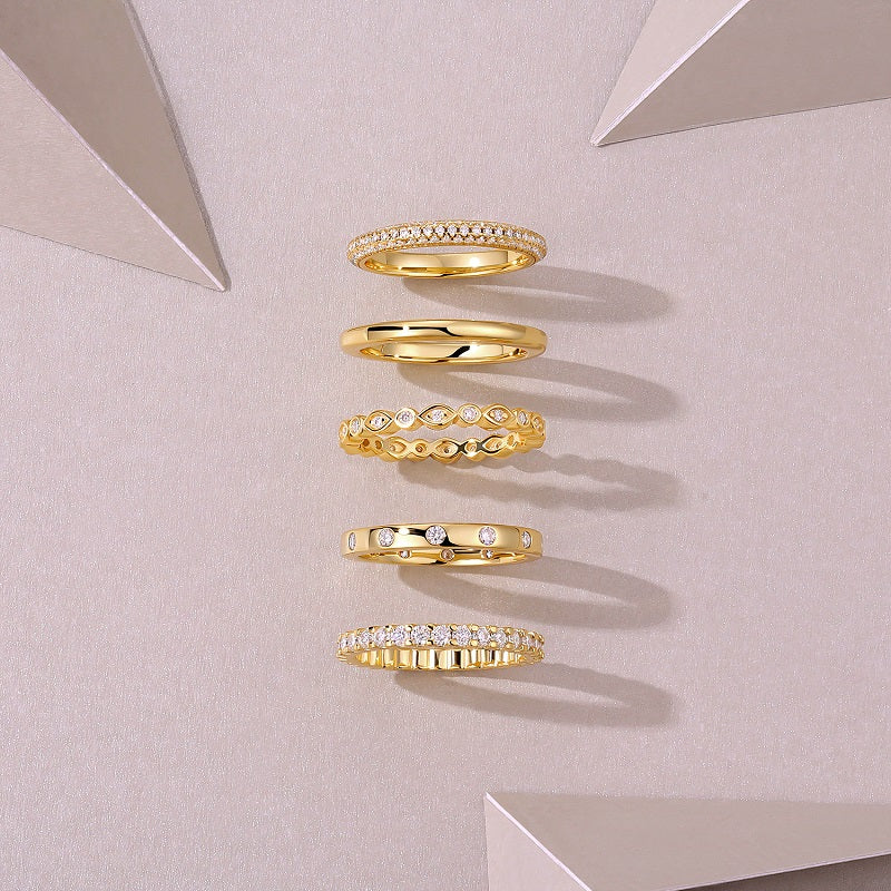 S925 Sterling Silver Moissanite Ring Set | 5-Piece Gold-Plated Stack
