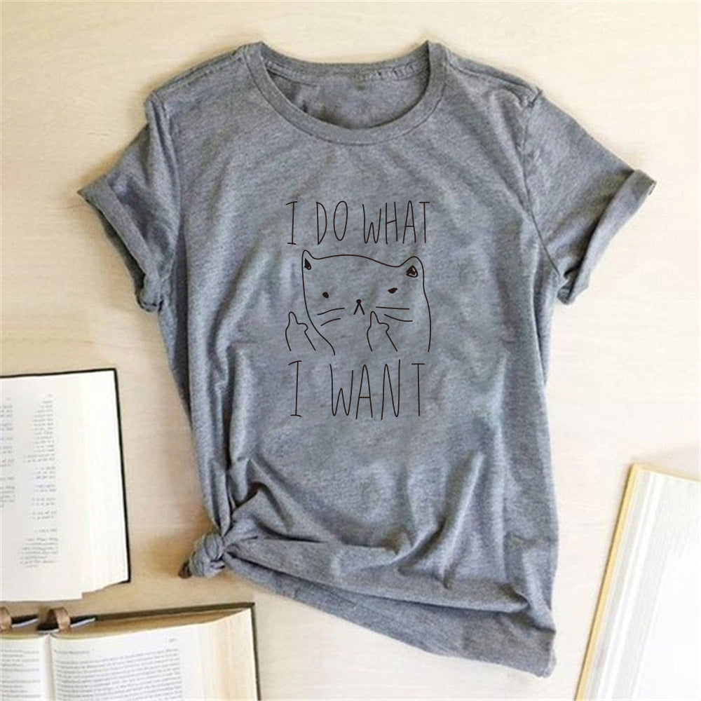 Women's Cat Print Cotton T-Shirt – Casual Everyday Top