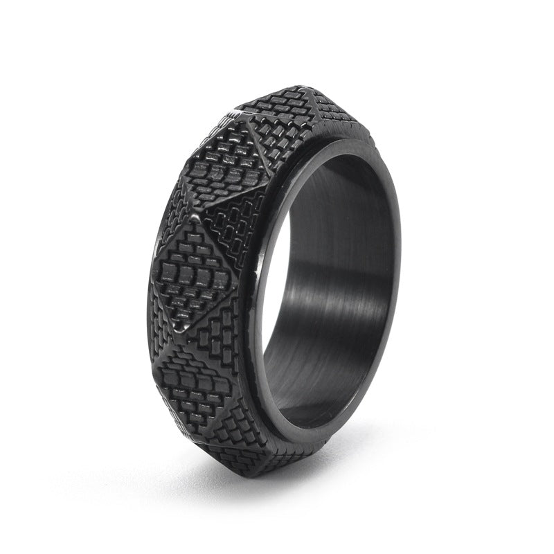 Men's Titanium Steel Pyramid Ring – Retro Geometric Silver, Gold & Black Band