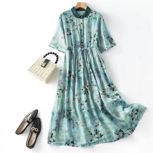 Women's Waist-Cinched A-Line Maxi Dress | Three-Quarter Sleeve