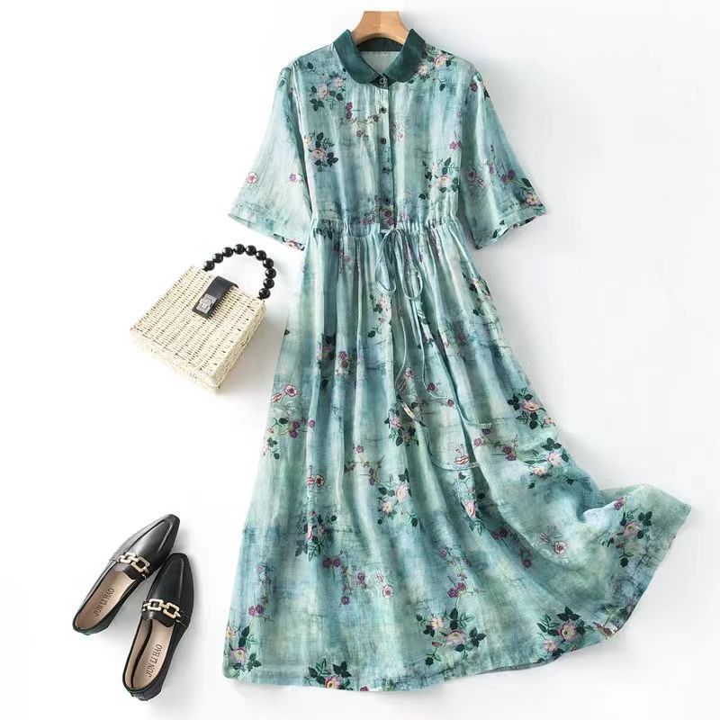 Women's Waist-Cinched A-Line Maxi Dress | Three-Quarter Sleeve