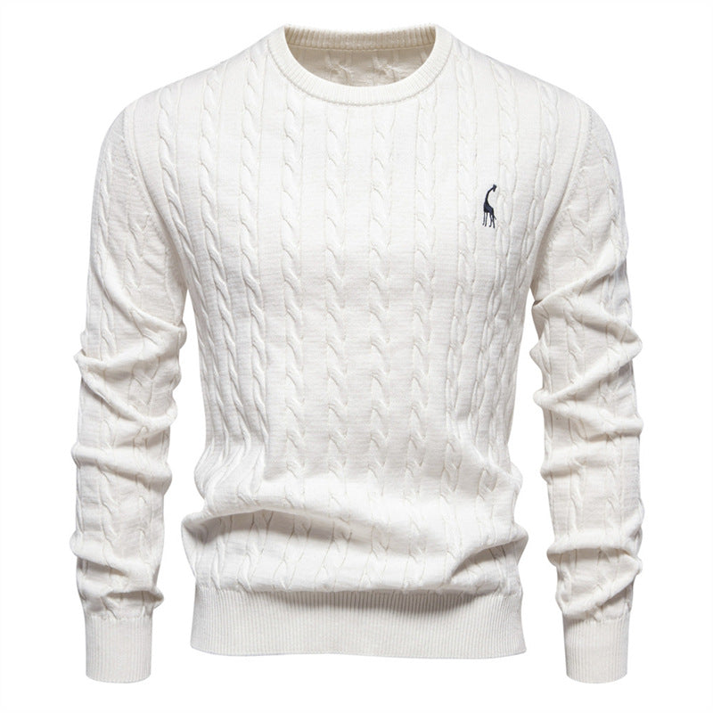 Men's Deer Embroidered Cotton Pullover Sweater | Autumn Casual Knitwear