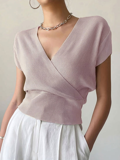 Women's V-Neck Knitted Top | Short-Sleeve High-Waisted Loose Fit Viscose Tee
