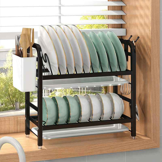 Double-Layer Carbon Steel Dish Rack & Kitchen Storage Rack with Chopstick Canister