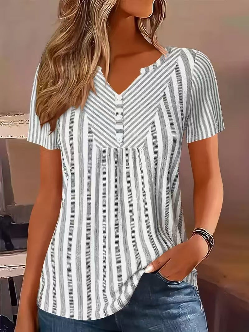 Women's V-Neck Contrast Patchwork Blouse – Pink & Grey | Sizes S–XXL