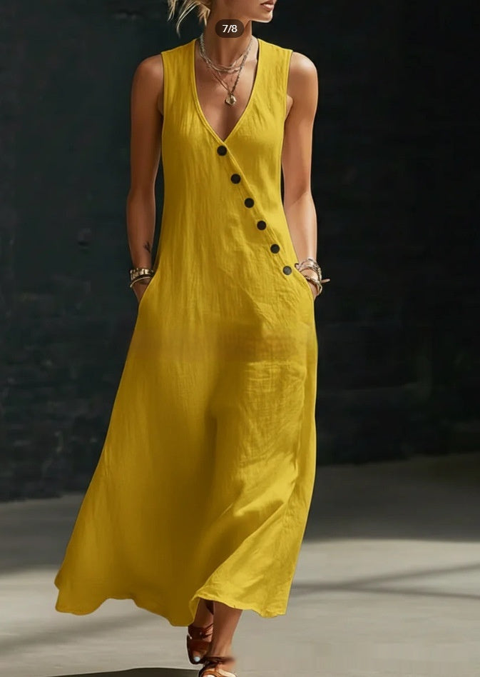 Women's Sleeveless Buttoned A-Line Linen Maxi Dress