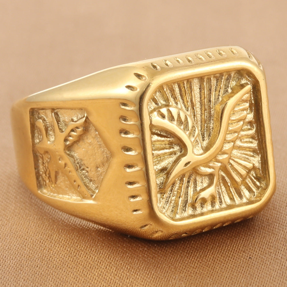 Men's Titanium Steel Eagle Ring | Polished Punk Band Ring in Silver & Gold